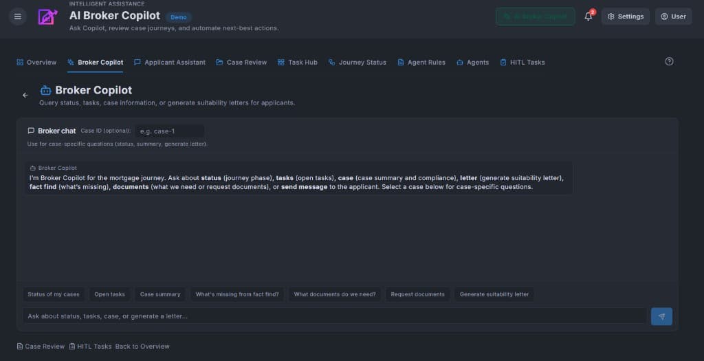 AI Broker Copilot with quick actions and human-in-the-loop navigation