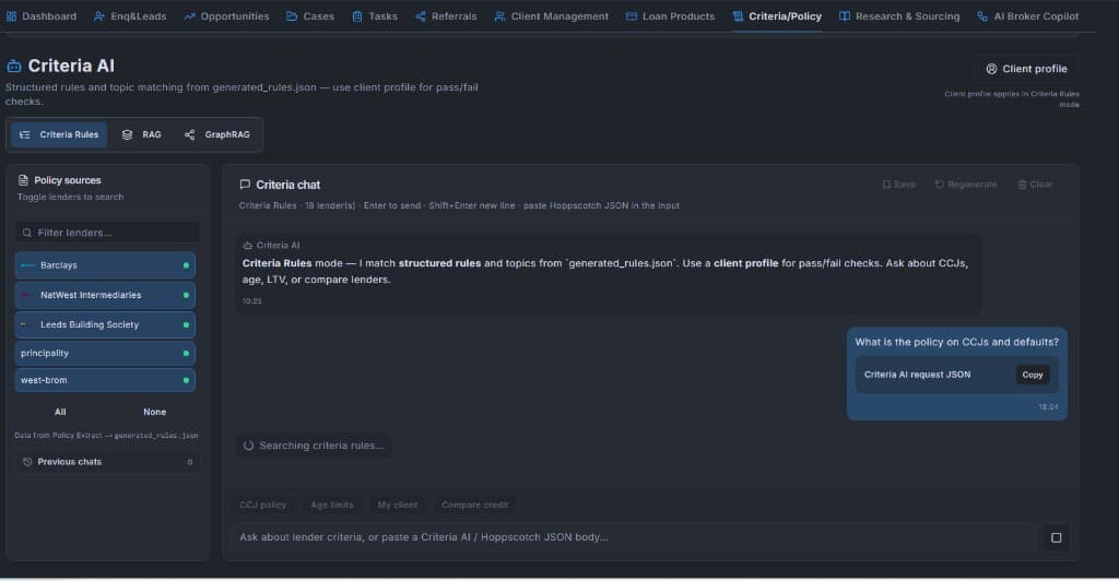 Criteria AI interface with lender toggles, search modes, and criteria chat
